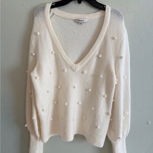 Madewell Cream V-Neck Sweater with Pom Pom Accents